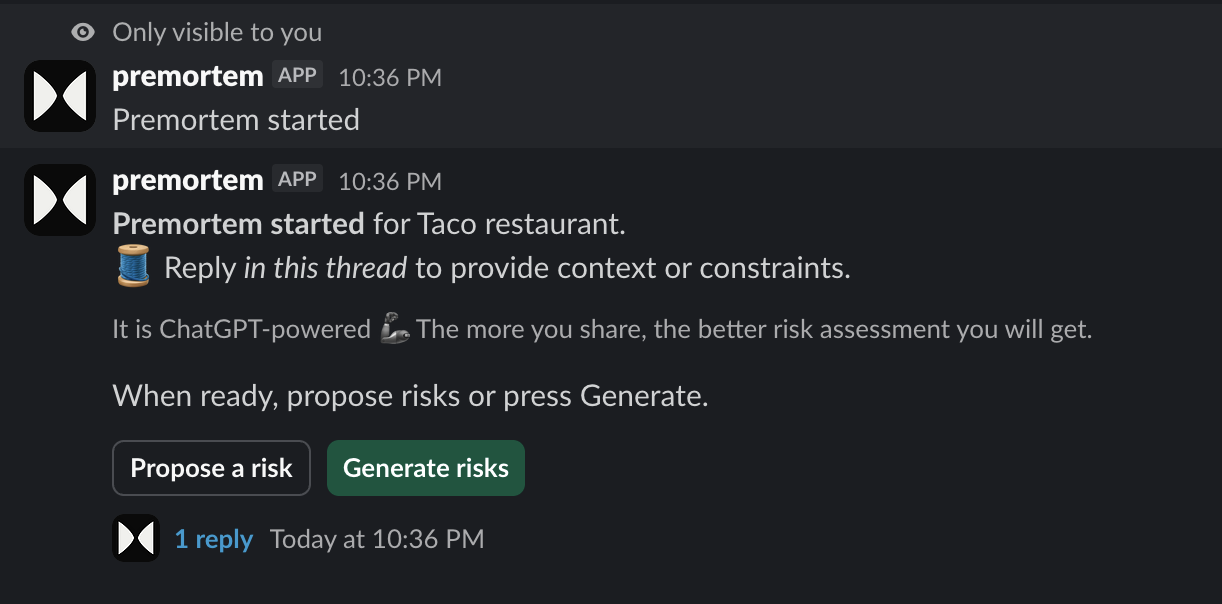 Starting a premortem session in Slack