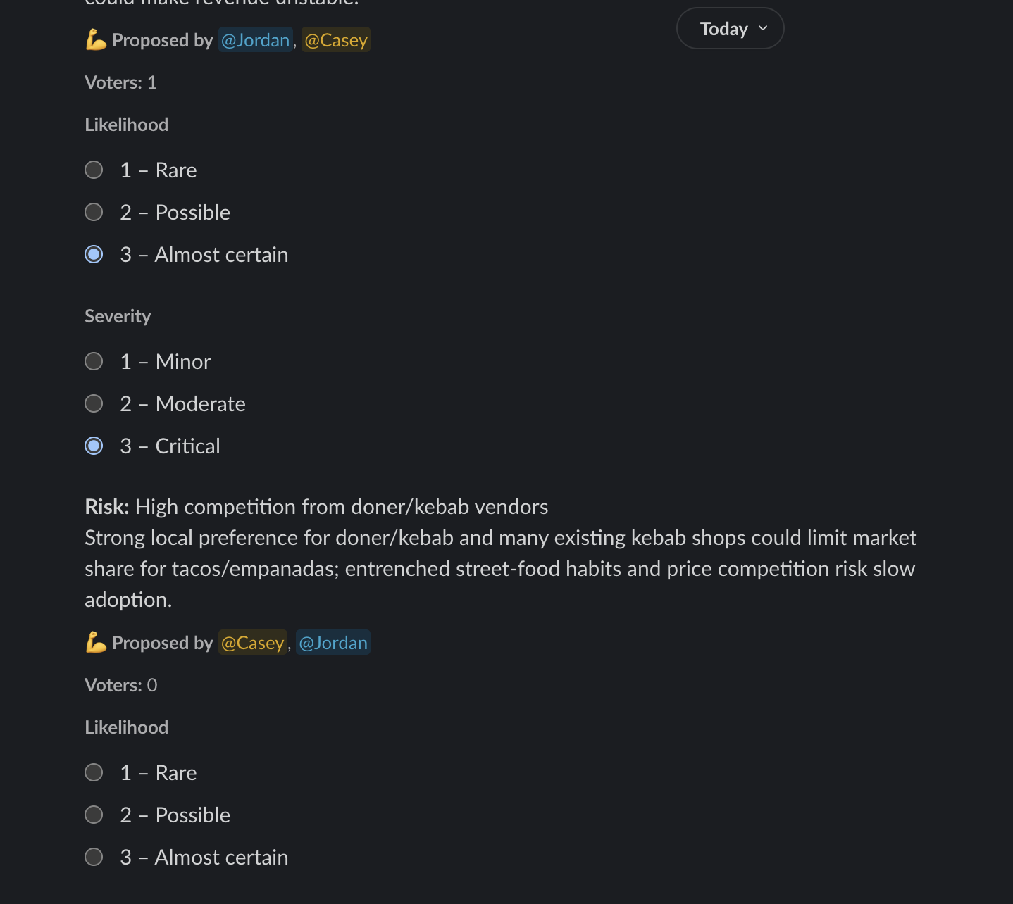 Team voting on risks in Slack